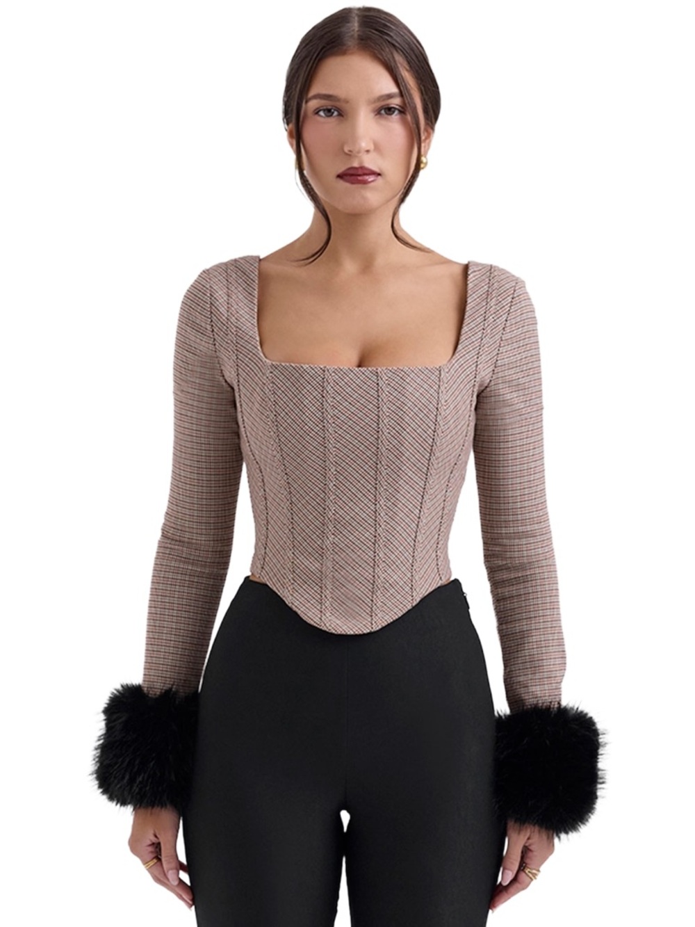 NWT House of CB Antonia Brown Puppytooth Corset Top